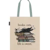 Books. Cats. Life is Sweet. tote bag